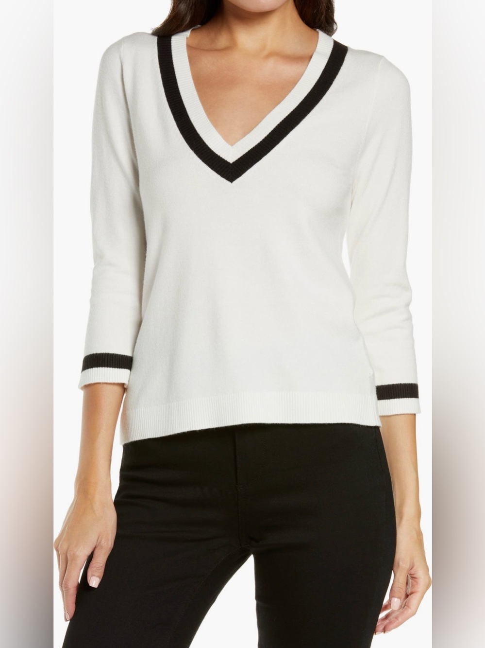 L'AGENCE Axelle Contrast Border V-Neck Sweater Black White - Size Small